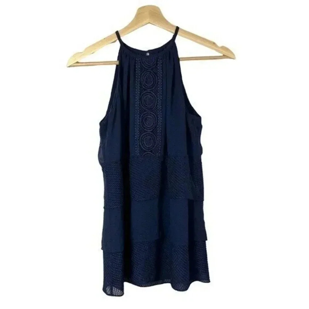 White House Black Market WHBM Navy Blue High Neck Swiss Dot Tank Top XXS